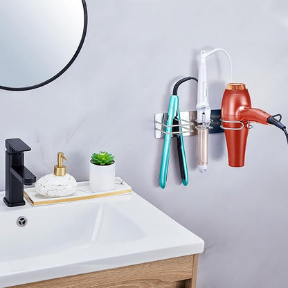 Oukimly Blow Dryer Holder Wall Mounted Curling Iron Holder, 3 in 1 Hair Tool Organizer for Straightener, Curling Iron, Hair Dryer Holder Adhesive Flat Irons Storage for Bathroom Barber Shop (Silver)