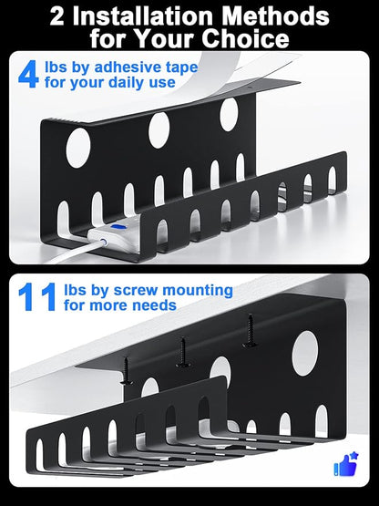 Delamu 2 Pack Metal Under Desk Cable Management Tray, U Channel Cord Organizer Box, Office Under Desk Cord Organizers, Cable Management with Various Accessories, Black, 15.75 Inches