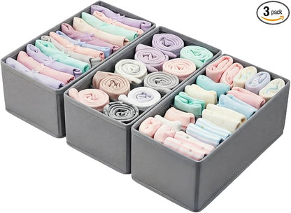 Dresser Drawer Organizer 3-Pack Gray - Small Storage Bins for Socks & Underwear, Foldable Fabric Dividers for Closet