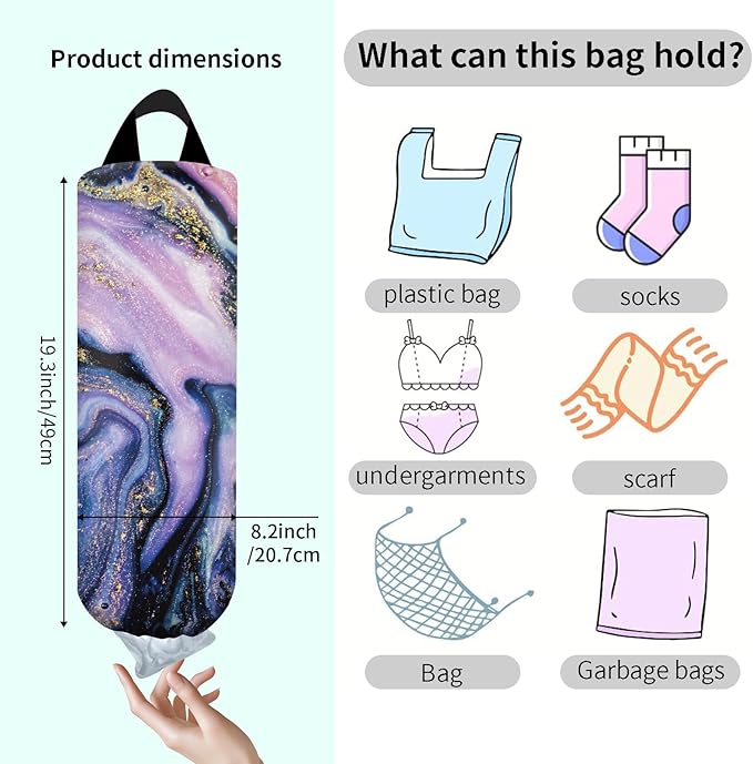 Plastic Bag Holder, Wall Mount Grocery Bag Organizer, Funny Hanging Trash Storage Dispenser for Home Kitchen Morden Purple Marble