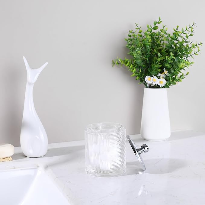Indecor Home Clear Transparent Apothecary Ribbed Geometric Etched Glass Jar W/Silver/Chrome Metal Lid Cover for Bathroom Organization, Cotton Balls, Q Tips, and Small Accessories, Bathroom Storage
