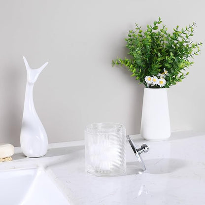 Indecor Home Clear Transparent Apothecary Ribbed Geometric Etched Glass Jar W/Silver/Chrome Metal Lid Cover for Bathroom Organization, Cotton Balls, Q Tips, and Small Accessories, Bathroom Storage