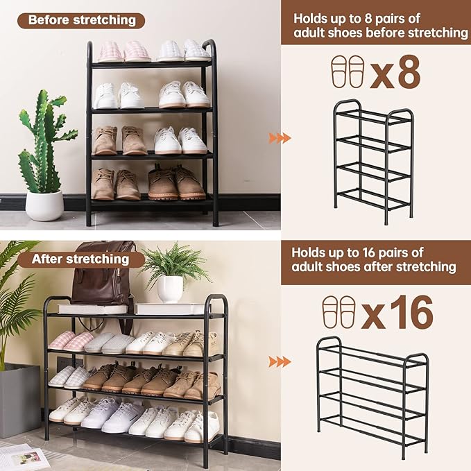 Gonfoam 4-Tier Expandable Shoe Rack,Adjustable Shoe Shelf Storage Organizer Heavy Duty Metal Free Standing Shoe Rack for Entryway Closet Doorway (Black)