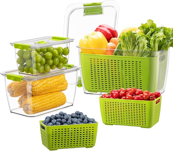 LUXEAR Fresh Container, 3PACK Produce Saver Container BPA Free Fridge Organizer for Vegetable Fruit and Salad Partitioned Food Storage Container with Vents Stay Fresh Containers Not Dishwashers Safe