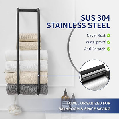 BWE Black Towel Racks for Bathroom, Stainless Steel Towel Holder for Rolled Towels, Wall Mounted Bathroom Towel Storage Holds Up 6 Large Bath Sheets, with 2 Hooks