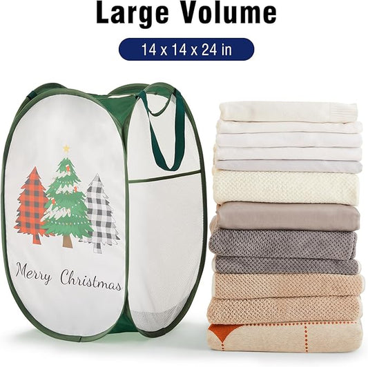 TECHMILLY Collapsible Mesh Pop Up Laundry Hamper with Sturdy Handles and Side Pocket - Portable Foldable Clothes Baskets for Dorm, Bathroom & Travel Storage (Christmas Tree)