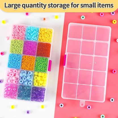 IOOLEEM 15 Grids Plastic Bead Organizer Box, Clear Organizer Container Storage Box, Adjustable Dividers for bead arts and crafts.(4 Pack)