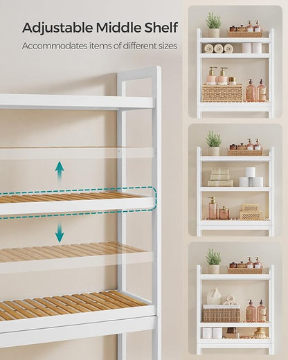 SONGMICS Over The Toilet Storage, 3-Tier Over Toilet Bathroom Organizer with Adjustable Shelf, 10.2 x 24.8 x 66.9 Inches, Space-Saving, Cloud White and Natural Beige UBTS001W02