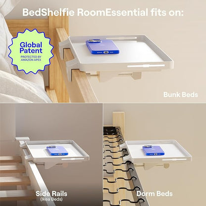 BedShelfie Bedside Shelf for Dorm Room Bunk Bed & Top Bunk, College Dorm Room Essentials, Bedside Caddy, Clip on Floating Tray, Bed Side Table Storage, Loft Nightstand Decor - Dorm Essential, White