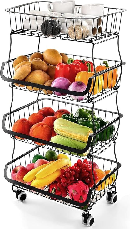Miyawell Fruit Vegetable Storage Basket, 4 Tier Stackable Metal Wire Storage Baskets with Wheels, Fruit Vegetable Produce Basket Organizer Bins for Kitchen, Pantry, Bathroom