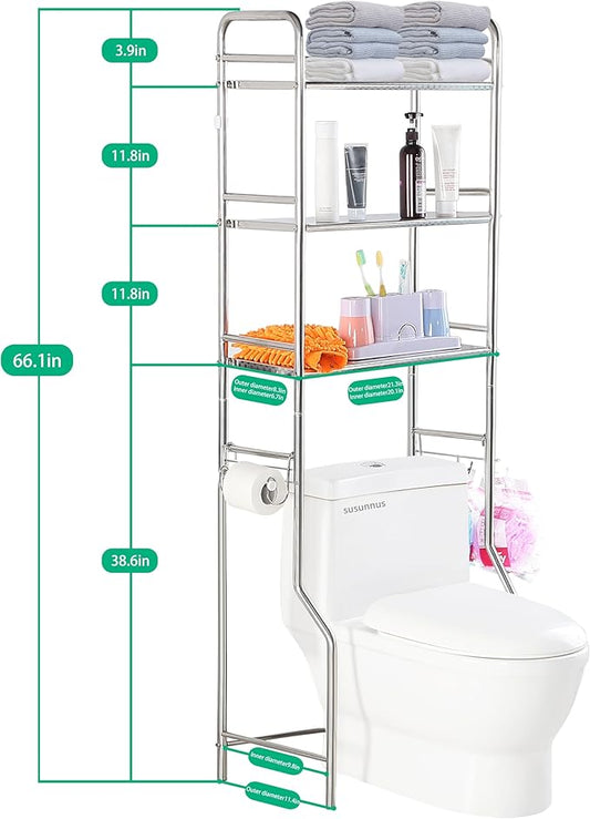susunnus Over The Toilet Storage 3 Tier S,Bathroom Shelves Over Toilet,Freestanding Space Saver with Toilet Paper Holder,Stainless Steel,Pragmatic, Sturdy,Waterproof,Silver