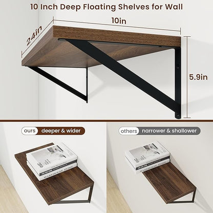 Axeman Deep Floating Shelves | 24 Inch Walnut Wall Shelves Set of 2 | 10 Inch Deep Wood Floating Shelves for Wall | 24" W x 10" D Walnut Shelves for Living Room Bathroom Kitchen