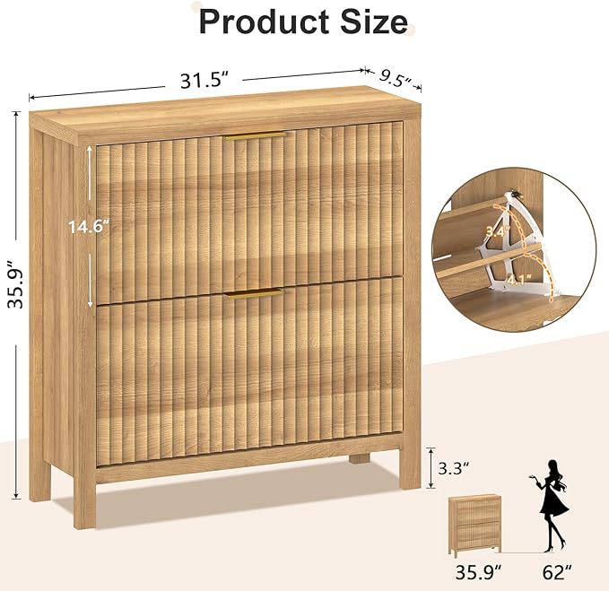 YOMILUVE Shoe Cabinet Storage for Entryway, Fluted Shoe Cabinet with 2 Flip Drawers, Hidden Shoe Rack Tall Freestanding Shoe Organizer with Legs for Hallway, Wood
