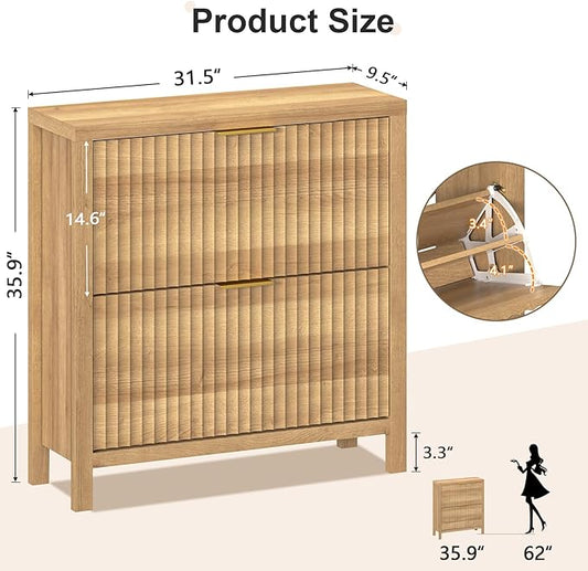 YOMILUVE Shoe Cabinet Storage for Entryway, Fluted Shoe Cabinet with 2 Flip Drawers, Hidden Shoe Rack Tall Freestanding Shoe Organizer with Legs for Hallway, Wood