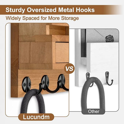 Key Holder Wall Mount, Mail Holder with Storage Drawer and 5 Key Hooks for Coat, Dog Leash, Home Decor Rack, House Accessories, Entry Way Organizer (Wood)