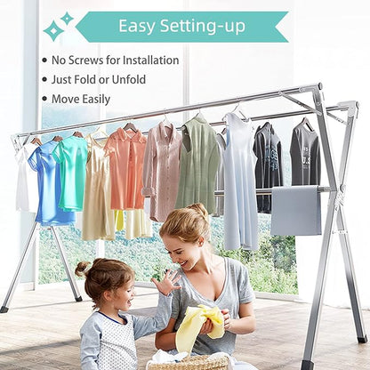 YACASA Clothes Drying Rack, 79 inch Heavy Duty Stainless Steel Laundry Drying Rack, Foldable &Length Adjustable Space Saving Garment Rack, with 20 Windproof Hooks.