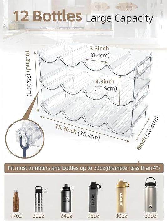 Water Bottle Organizer - 3 Pack Clear Stackable Bottle Storage Rack and Wine Rack for Stanley Yeti Bottle and Other Tumbler Organizer for Kitchen Cabinets, 3 Tier Hold 12