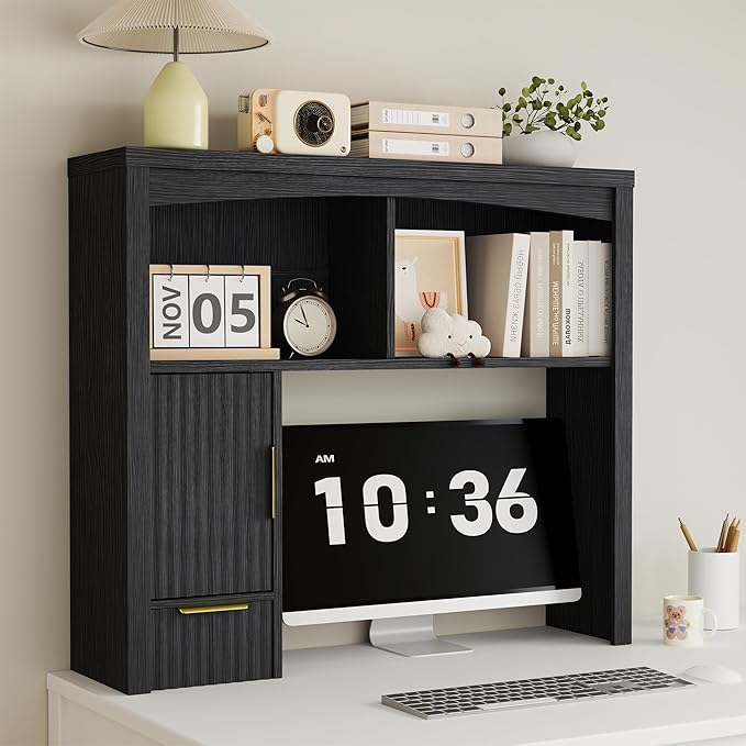 Desktop Shelf, Wooden Desk Hutch with Storage, Desktop Bookshelf with Cabinet and Drawer, Office Desk Organizer, Space-Saving Organization, Over Desk Storage Shelves for Home, Dorm, Black