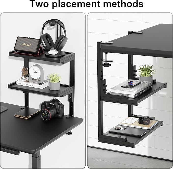 Spacrea clamp on Desk Shelf, 2 Tier Office Desk Shelves Organizer, Wood Desktop Supplies Storage Rack, Desk Organizers and Accessories (Black)