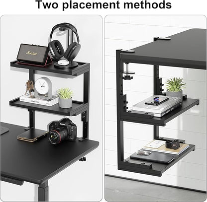 Spacrea clamp on Desk Shelf, 2 Tier Office Desk Shelves Organizer, Wood Desktop Supplies Storage Rack, Desk Organizers and Accessories (Black)