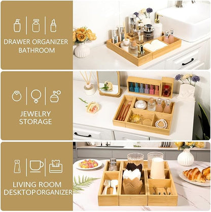5 PCS Bamboo Drawer Organizer, Multi-Use Wooden Drawer Organizer, Junk Drawer Organizer Kitchen for Bathroom, Makeup Desk, Office Desk, Jewelry, Utensils, Tea Drawer