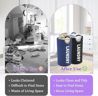 2Pcs 95L Collapsible Laundry Basket for Men, Tall Laundry Basket with Handles, Dirty Clothes Hamper in 600D Oxford Fabric, Freestanding Clothes Hampers for Bedroom, Dorm, Navy Blue + Black
