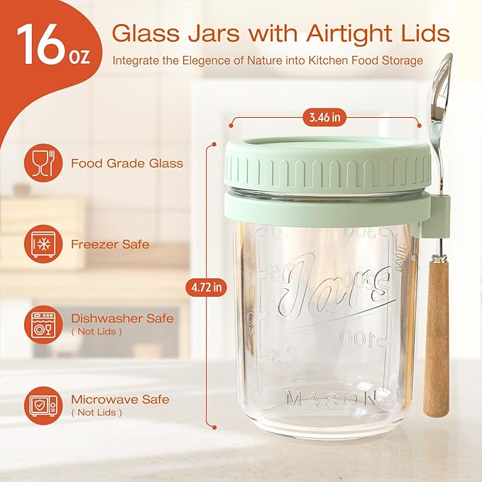 16oz Overnight Oats Containers with Lids and Spoons, 4 Pack Wide Mouth Mason Jars with Airtight Lids, Overnight Oats Jars for Salad, Chia Seed, Cereal, Yogurt