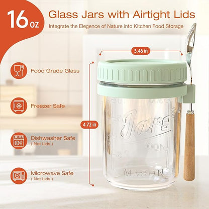 16oz Overnight Oats Containers with Lids and Spoons, 4 Pack Wide Mouth Mason Jars with Airtight Lids, Overnight Oats Jars for Salad, Chia Seed, Cereal, Yogurt