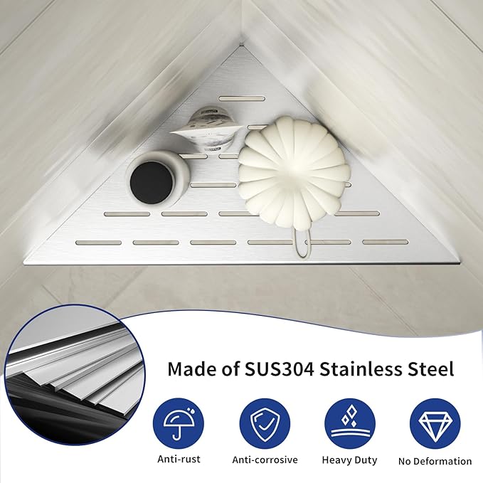 Bernkot Corner Shower Shelf, 12" Brushed 304 Stainless Steel Slot Design Recessed Corner Shelves 2 Pack Bathroom Grout in Shelf for Tiled Wall, Large Size