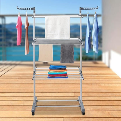 Foldable Clothes Drying Rack, 4 Tier Metal Clothes Rail with Wheels 7 Windproof Hooks Clothes Horses Rack Laundry Garment Dryer Stand with 2 Side Wings Indoor, Outdoor, Bedroom, Loft (Gray)