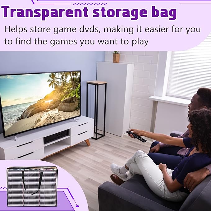 Buryeah 4 Packs Extra Large DVD Storage Bags, Storage Case Holder Organizer Holds up to 360 DVDs Clear Plastic Bags Video Game with Carrying Handles and Zipper, Media Organizer for Movie VHS (Clear)