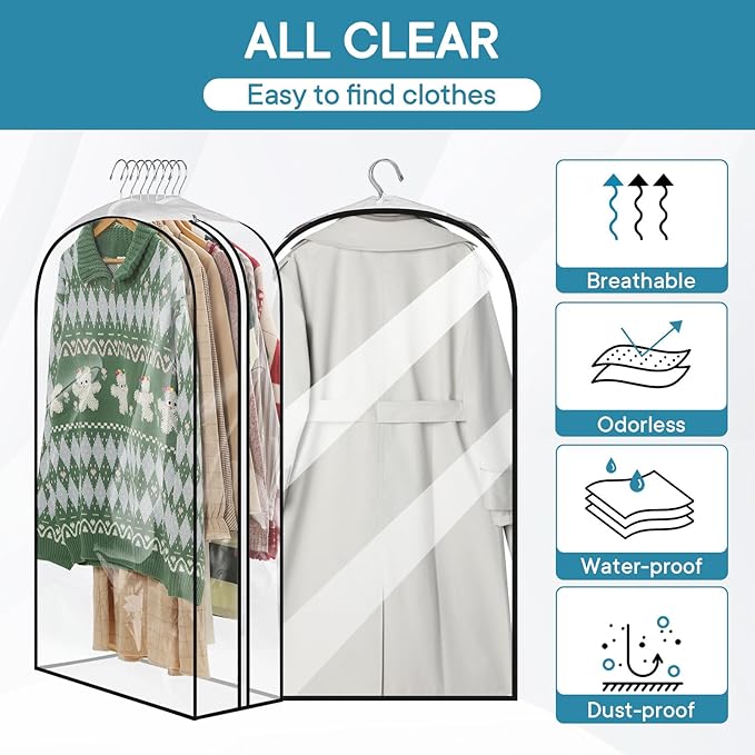 60" Clear Garment Bags for Hanging Clothes, 10" Gusseted Dress Bags with Side Zipper for Gowns and Women's Coats, Long Dress Covers, 3 Pack