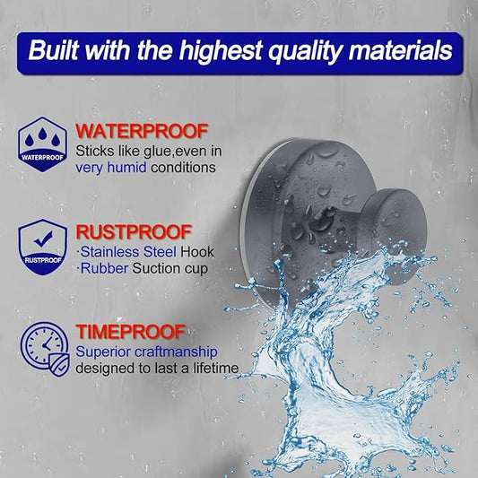Bntuk Suction Cup Hooks for Shower, Removable Towel Hooks for Bathroom Window Glass Door Wall, Bath Robe Looafh Hook for Hanging - 4 Pack, Grey