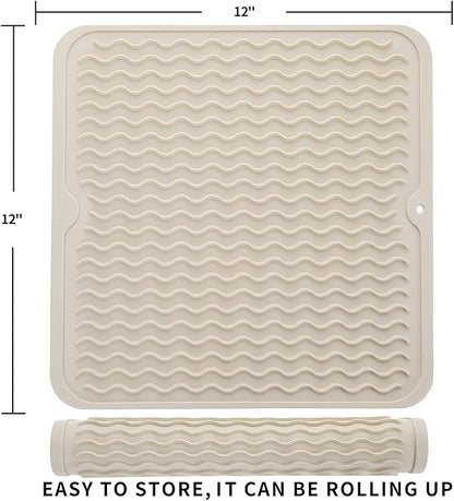 Silicone Dish Drying Mat for Multiple Usage,Easy clean,Eco-friendly,Heat-resistant Silicone Mat for Kitchen Counter or Sink,Refrigerator or Drawer liner Tapioca M 12 inches x 12 inches