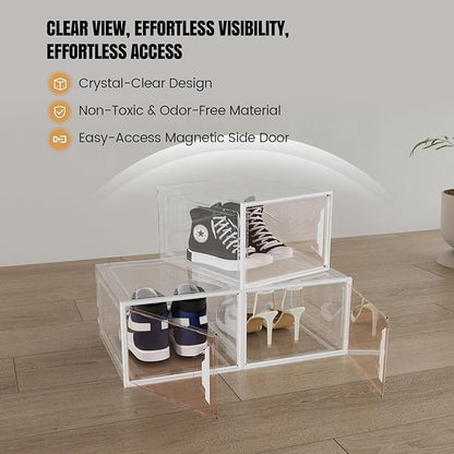 ADTO X-Large Stackable Shoe Boxes - Clear Plastic Shoe Storage Boxes with Magnetic Door, Thicken Shoe Organizer for Closet, Space Saving Foldable Shoe Containers Bins for Sneaker Boot - 8 Pack(White)
