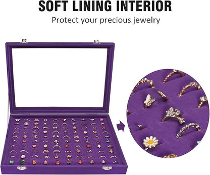 Rings Organizer Tray 100 Slot Velvet Ring Earring Storage Box TranSparent Cover Jewelry Store Ring Display Box Jewelry Display Cabinet for Girl Wife Mother