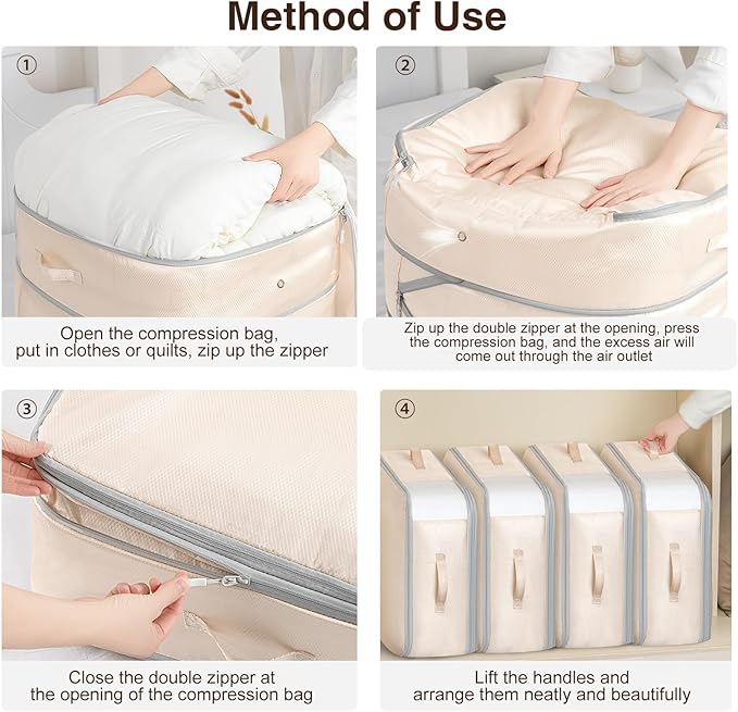 Homsorout 2 Pack Compression Storage Bags - 110L Large Capacity Comforter Storage Bag, 3-Layer Washable Ultra Space Saving Self Compression Organizer Space Bags for Blankets, Sweaters, Sheets, Beige