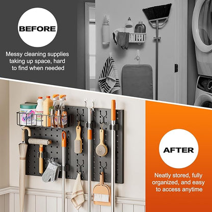Broom Holder Wall Mount, Peg Board Wall Organizer with Mop Hanger Gripper Hooks Basket, Laundry Room Organization and Storage with Cleaning Supplies Organizer, Metal Pegboard for Utility Closet Garage