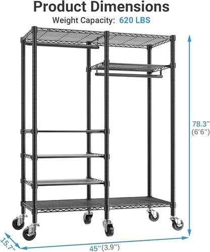 VIPEK R4C Rolling Garment Rack 6 Tiers Adjustable Heavy Duty Wire Shelving Portable Clothes Rack with Lockable Wheels, Black Metal Clothing Rack with Grey Upgraded Polyester Cover, Max Load 620lbs