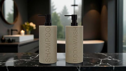 Indecor Home Resin 2 Pack Shampoo, Conditioner or Body Wash Dispenser Set, Luxurious Refillable Pump Bottles with Matte Pump Top and Embossed Text, Durable Design for Bathroom and Shower