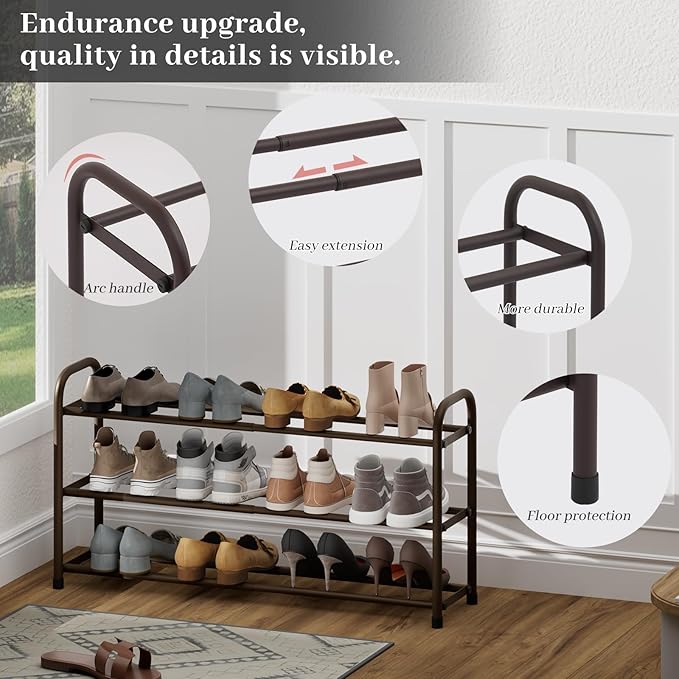 Expandable Shoe Rack, 3-Tier Metal Small Shoe Rack, Adjustable Shoes Organizer, Storage Shelf for Closet, Entryway, Brown
