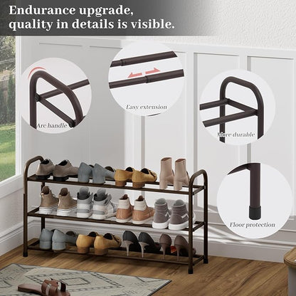 Expandable Shoe Rack, 3-Tier Metal Small Shoe Rack, Adjustable Shoes Organizer, Storage Shelf for Closet, Entryway, Brown