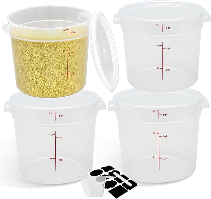 BIEAMA 4 Pack Round Food Storage Containers with Lids, 6Qt Translucent Commercial Food Container, Polypropylene, BPA Free, Includes Labels & Measuring Cups