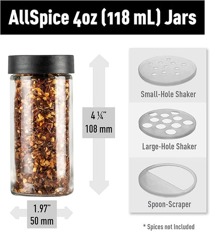 AllSpice 4" Glass Spice Jars 4 fluid ounces- 6 Pack