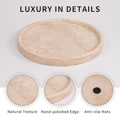 LWALMS Travertine Round Marble Tray - Stone Perfume Plate Decorative Bowl for Nightstand Entryway Coffee Table Decor, Jewelry Trinket Ring Key Purse Holder Dish (7.9 inch)