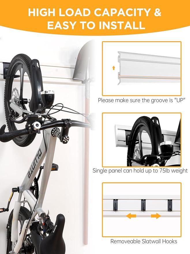 Slat Wall Paneling Garage Tool Organizer Wall Mount 4 Pack with Adjustable Metal Hooks 9 Pack, Garage Slat Wall Storage Systems Garage Storage & Organization Products, White Slatwall Total 96 inch