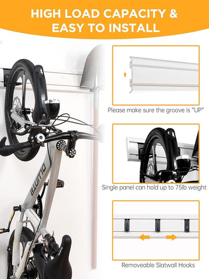 Slat Wall Paneling Garage Tool Organizer Wall Mount 4 Pack with Adjustable Metal Hooks 9 Pack, Garage Slat Wall Storage Systems Garage Storage & Organization Products, White Slatwall Total 96 inch