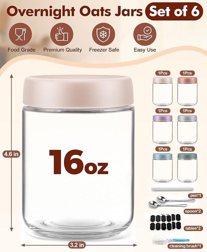 6 pack 16 oz Overnight Oats Containers with Lids and Spoons Glass Jars with Airtight Lids: Wide Mouth Mason Salad Jars, Leakproof and Reusable Glass Food Storage Container for Yogurt Snacks Spice