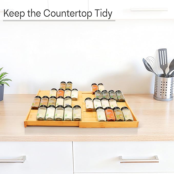 Thalomely Bamboo Spice Drawer Organizer, (Need 3.1” Deep Drawer) Expandable 4 Tier Spice Rack for Cabinet (From 12" to 23" Wide), Seasoning Storage Insert, Spice Organizer for Drawer,Jars Not Included