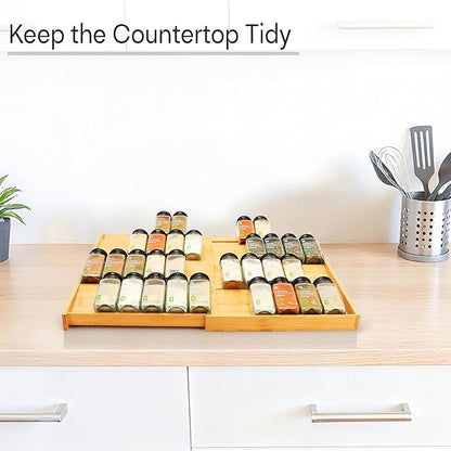 Thalomely Bamboo Spice Drawer Organizer, (Need 3.1” Deep Drawer) Expandable 4 Tier Spice Rack for Cabinet (From 12" to 23" Wide), Seasoning Storage Insert, Spice Organizer for Drawer,Jars Not Included